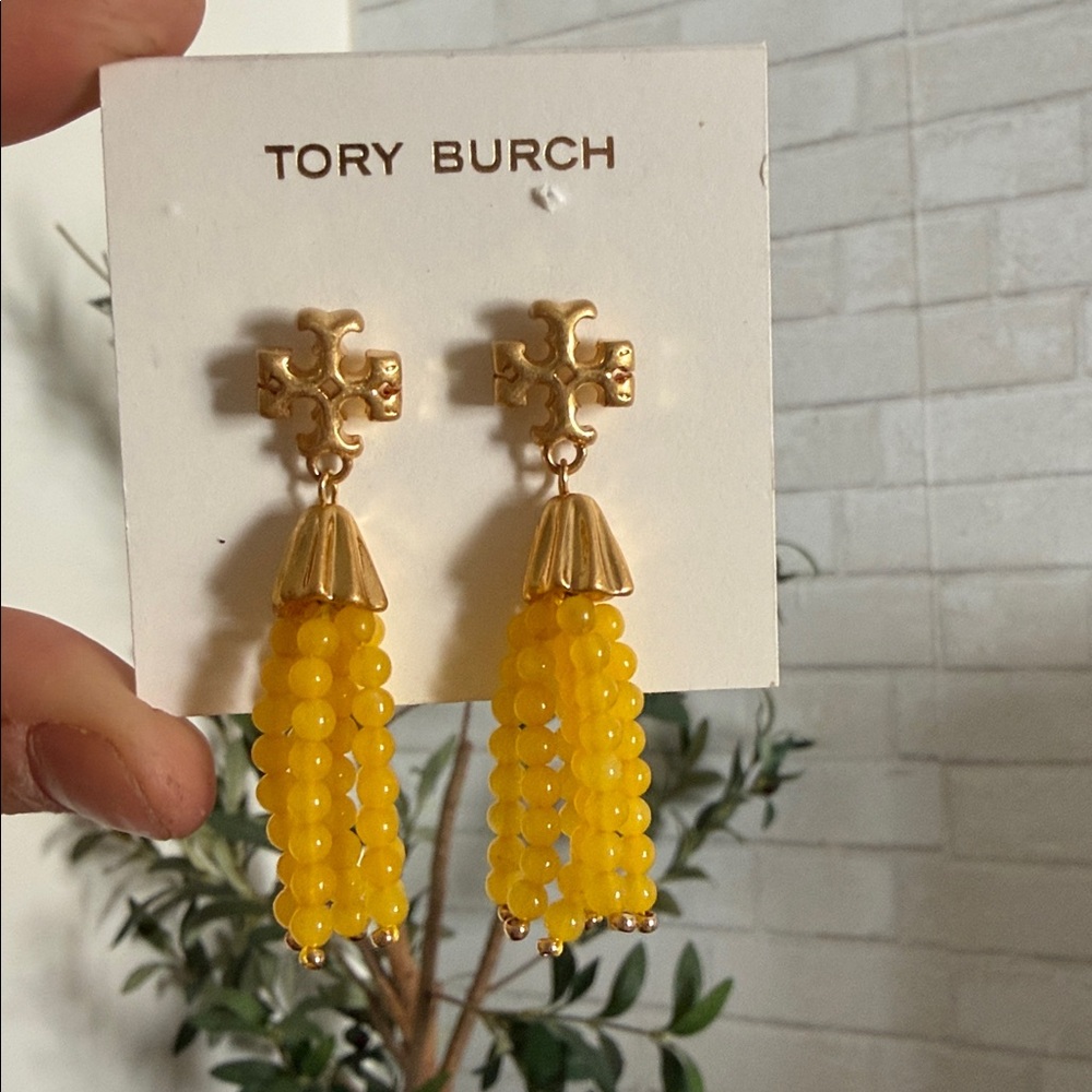NWT Tory Burch Gold and Yellow Beaded dangle Earrings - Picture 2 of 4